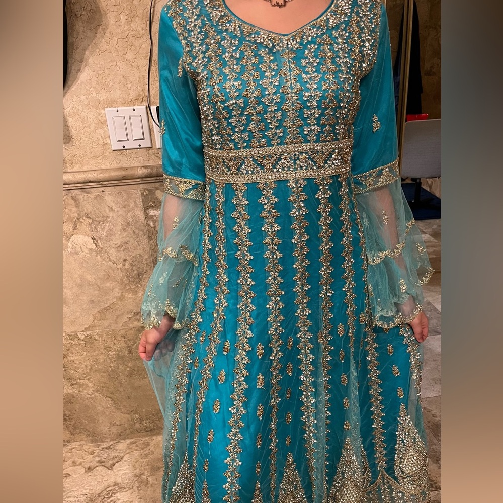Jasmine blue and gold Pakistani dress heavy